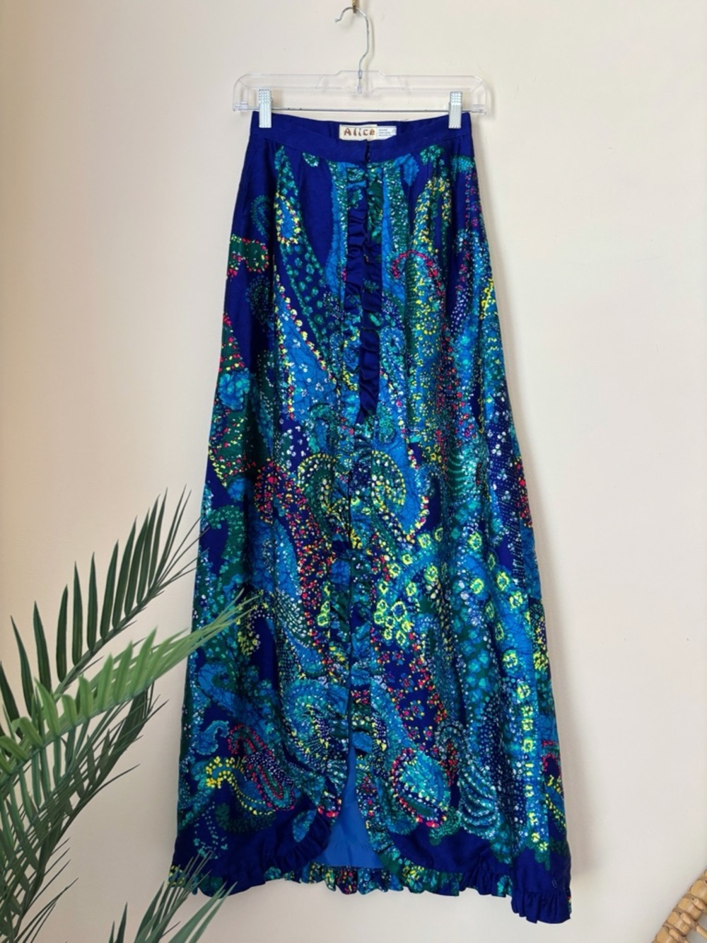 Alice Polynesian Vintage Vibrant Paisley Ruffle Maxi Skirt Sz 2 Boho Summer
